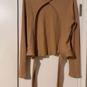 Elegant Tan Ribbed Wrap Blouse